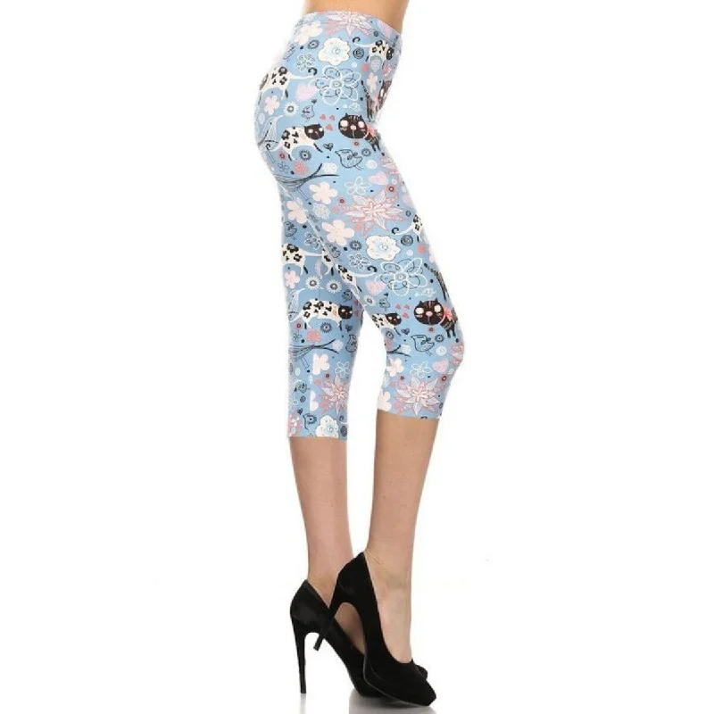 Cats And Flowers Printed Polyester High-Waist Capri Leggings