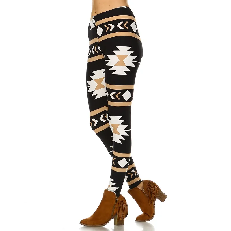 Women's Black and Beige Polyester and Spandex One Size Fits Most Printed Leggings