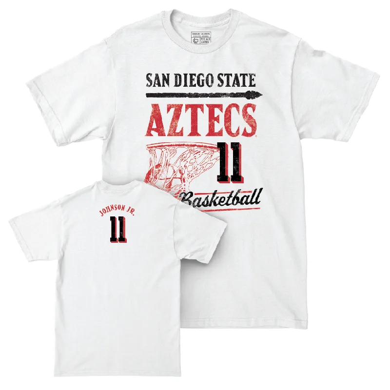 SDSU Men's Basketball White Hardwood Comfort Colors Tee - Demarshay Johnson Jr. #11