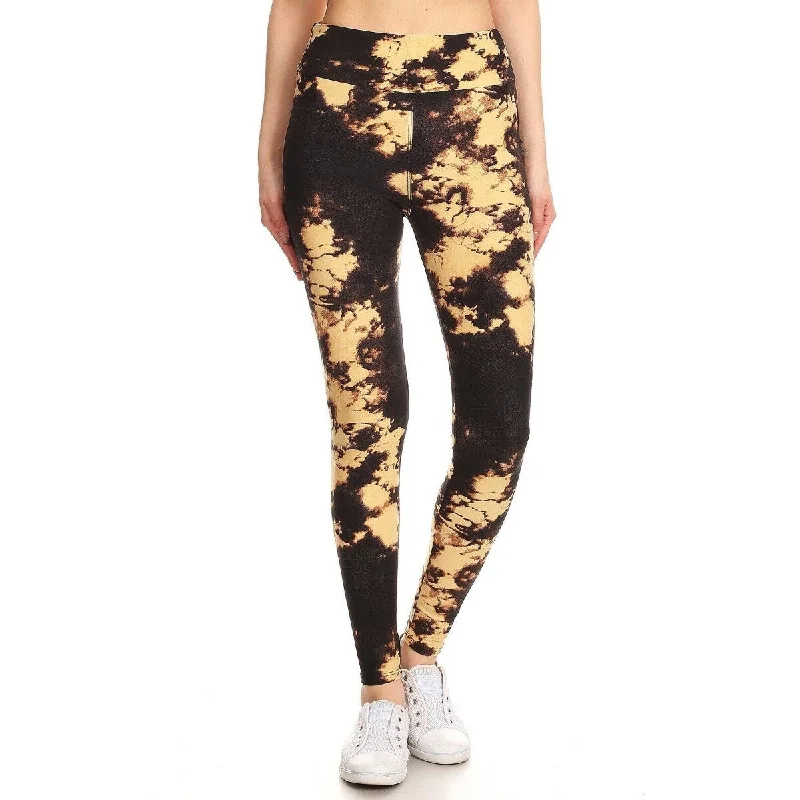 Brown Yoga Style Banded Lined Tie Dye Print, Full Length Leggings