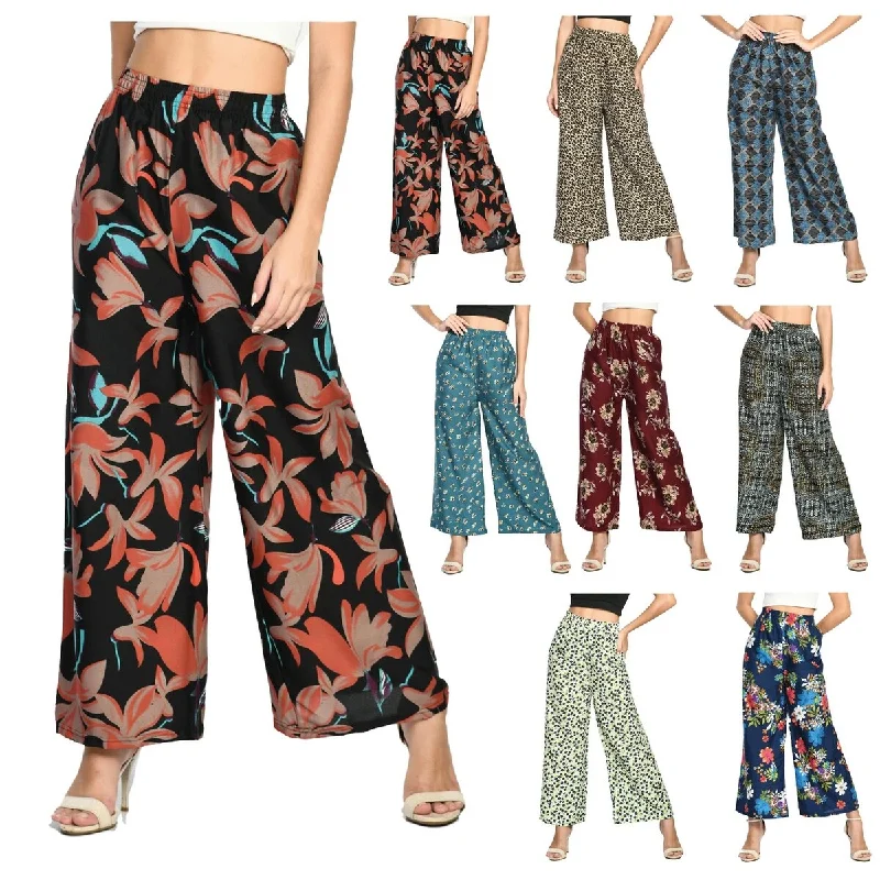 Womens Palazzo Pants 3Pack Cotton Blend Loose Fit Wide Leg Printed Trousers