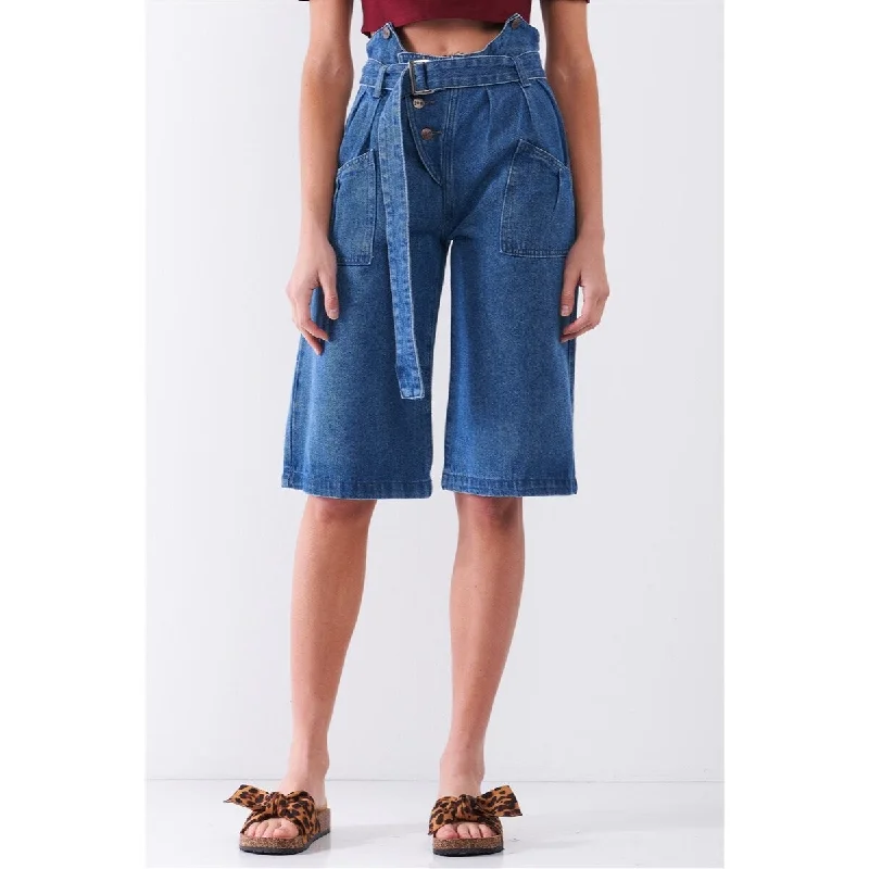 Mid Blue Denim Front Cut-Out High-Waist Buckle Self-Tie Belt Midi Flare Jean Pants