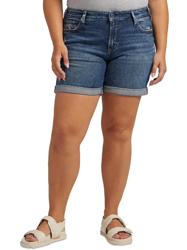 Plus Womens Midi Mid-Rise Denim Shorts