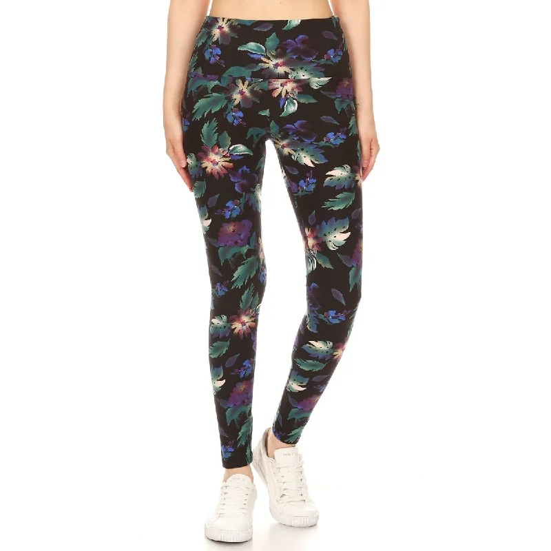 Long Yoga Style Banded Lined Floral Printed Knit Legging With High Waist