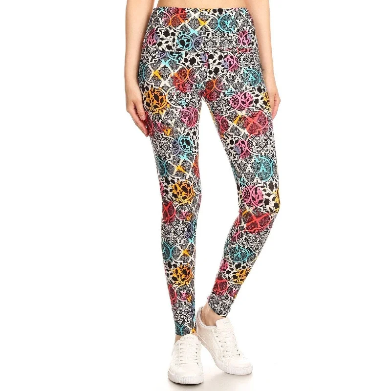 5-inch Long Yoga Style Banded Lined Damask Pattern Printed Knit Legging With High Waist