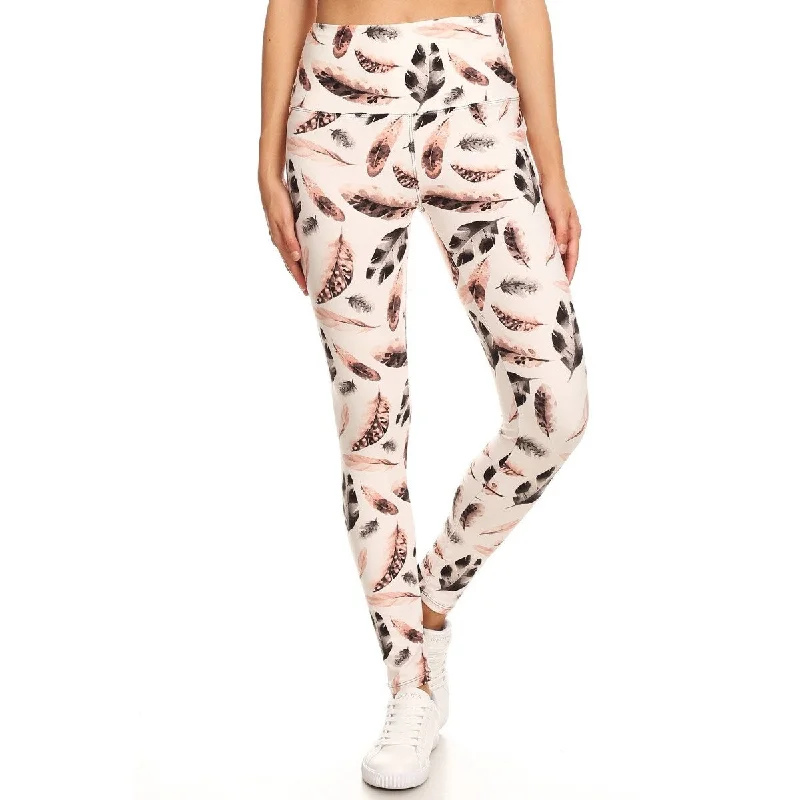 Long Yoga Style Banded Lined Leaf Printed Knit Legging