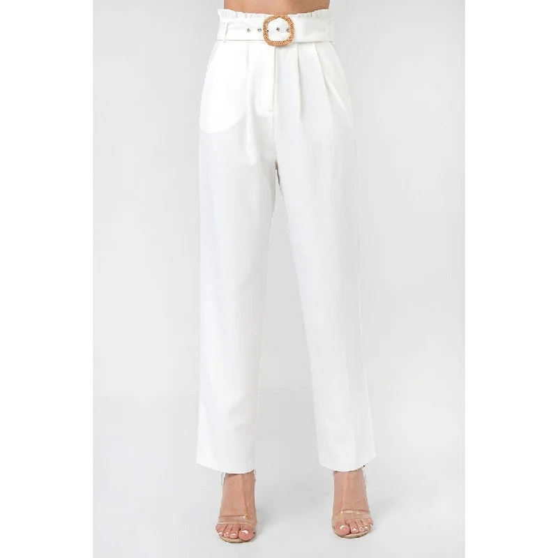 A Solid Pant Featuring Paperbag Waist With Rattan Buckle Belt