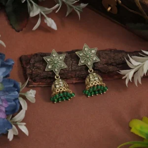 Antique Gold Star Jhumkis with Green Beads