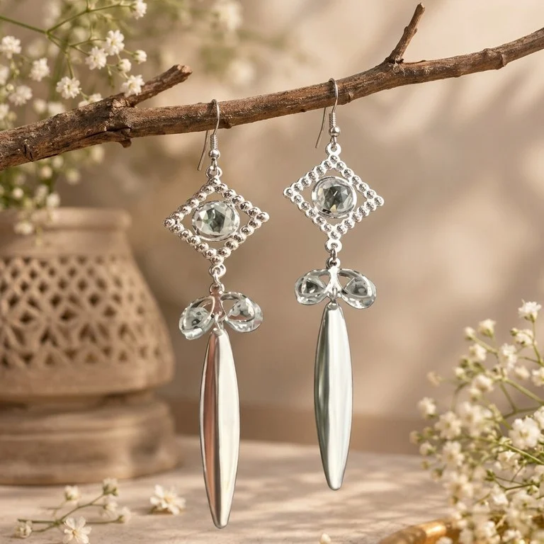Silver Diamond Frame Crystal Drop Earrings Silver Diamond Frame Crystal Drop Earrings
