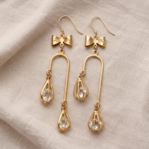 Golden Bow Caged Crystal Drop Earrings