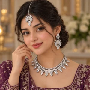 Crystal Cascade Silver Bridal Set worn by model