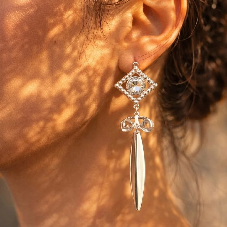 Silver Diamond Frame Crystal Drop Earrings Silver Diamond Frame Crystal Drop Earrings